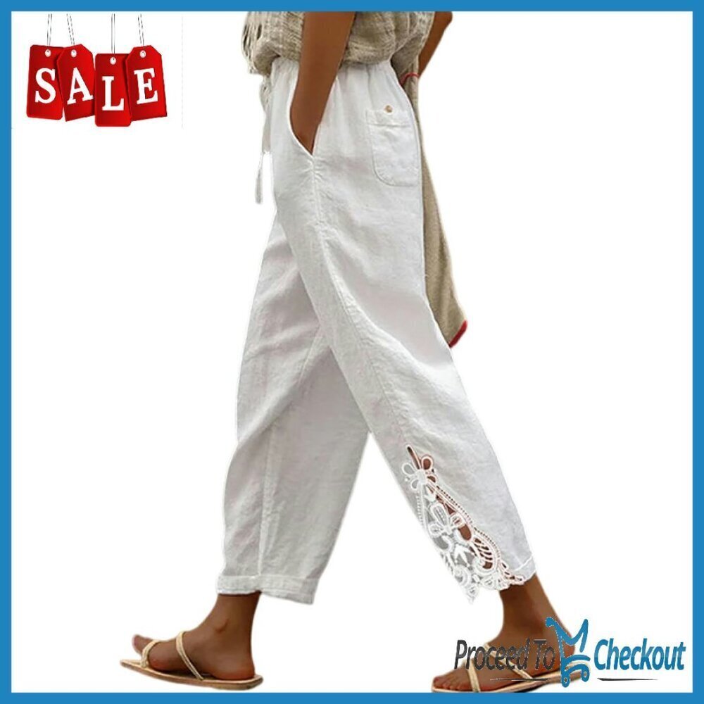 Women's Casual Cotton Drawstring Waist Pants with Pockets Capri Length